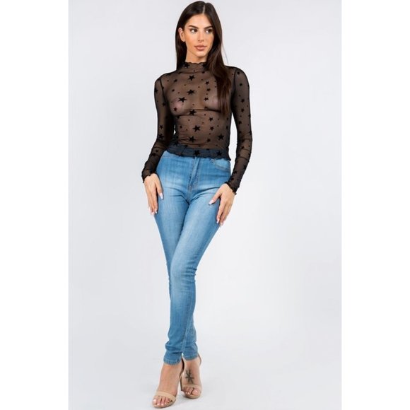 Bear Dance Womens Sheer Mesh Black Long Sleeve Crop Top - Picture 4 of 4